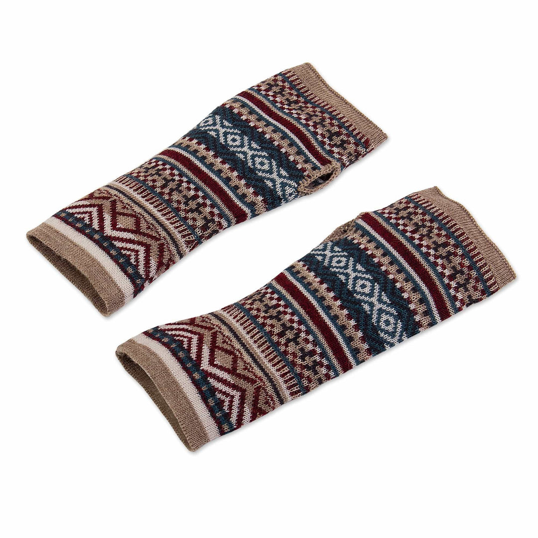 Traditional Geometric Beige Alpaca Blend Fingerless Mitts - Andean Beige