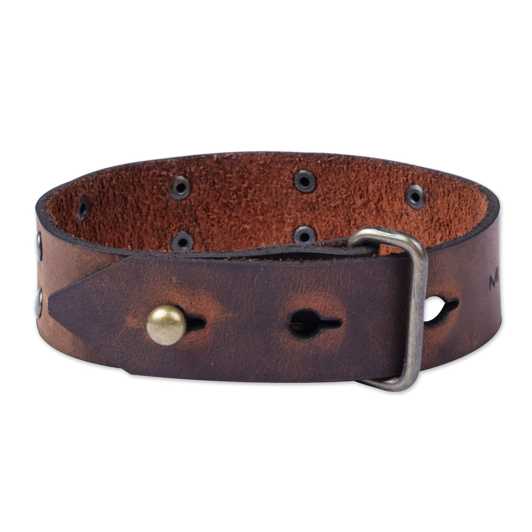Men's Coffee Leather Wristband Bracelet with Brass Accents - Coffee & Bravery