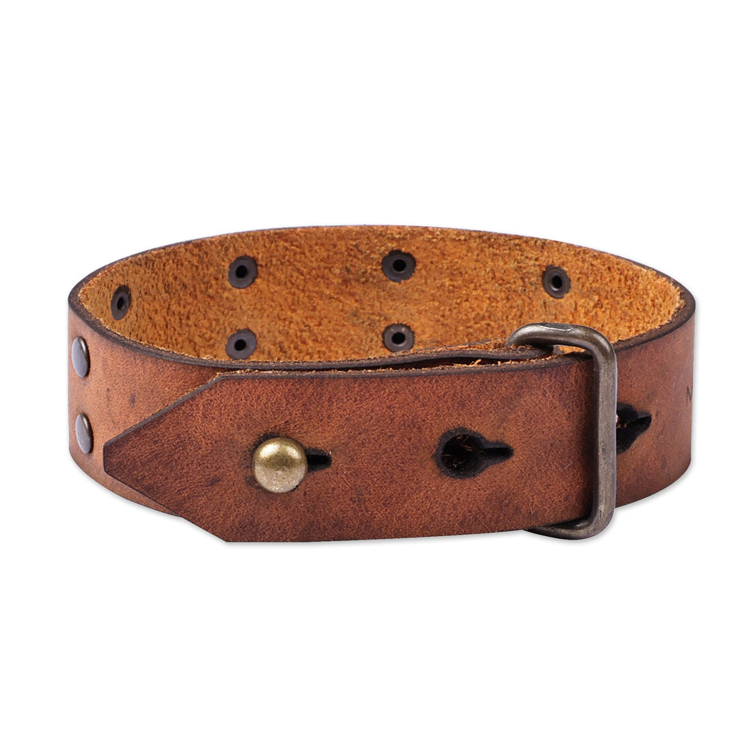 Men's Honey Leather Wristband Bracelet with Brass Accents - Honey & Bravery