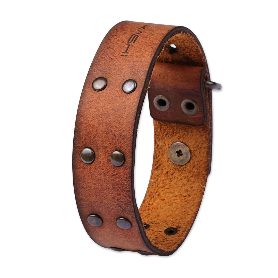 Men's Honey Leather Wristband Bracelet with Brass Accents - Honey & Bravery