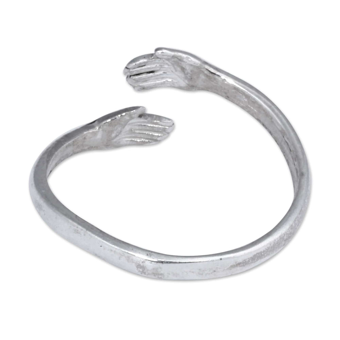 Polished Sterling Silver Wrap Ring of Hands Embracing - Count on Me