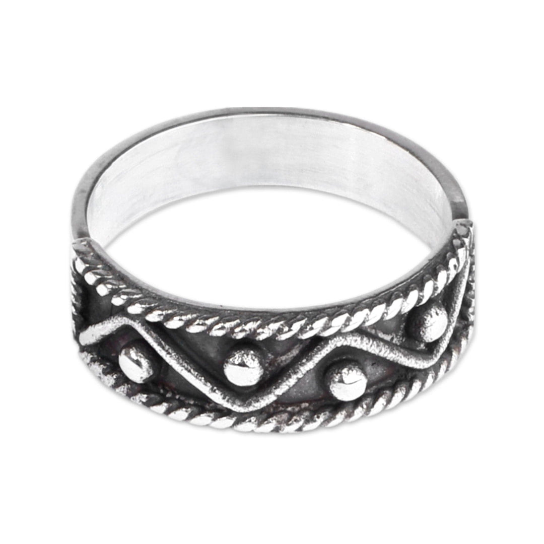Classic Geometric-Patterned Sterling Silver Band Ring - Armenian Mountains