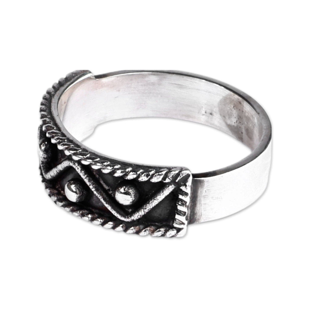 Classic Geometric-Patterned Sterling Silver Band Ring - Armenian Mountains