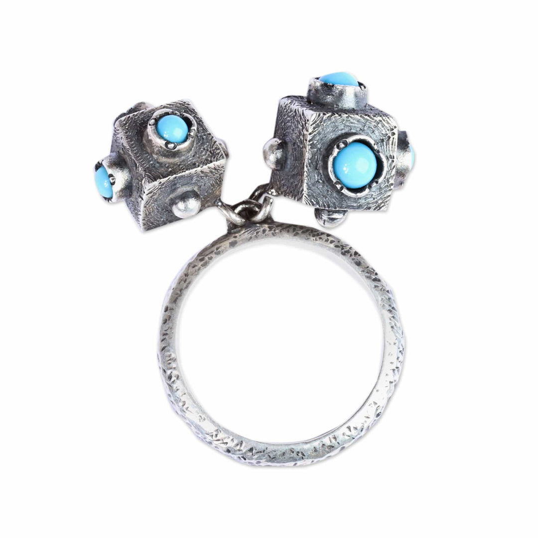 Modern Geometric Reconstituted Turquoise Charm Ring - Symmetry in a Box