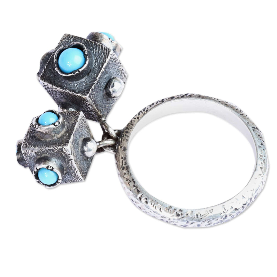 Modern Geometric Reconstituted Turquoise Charm Ring - Symmetry in a Box
