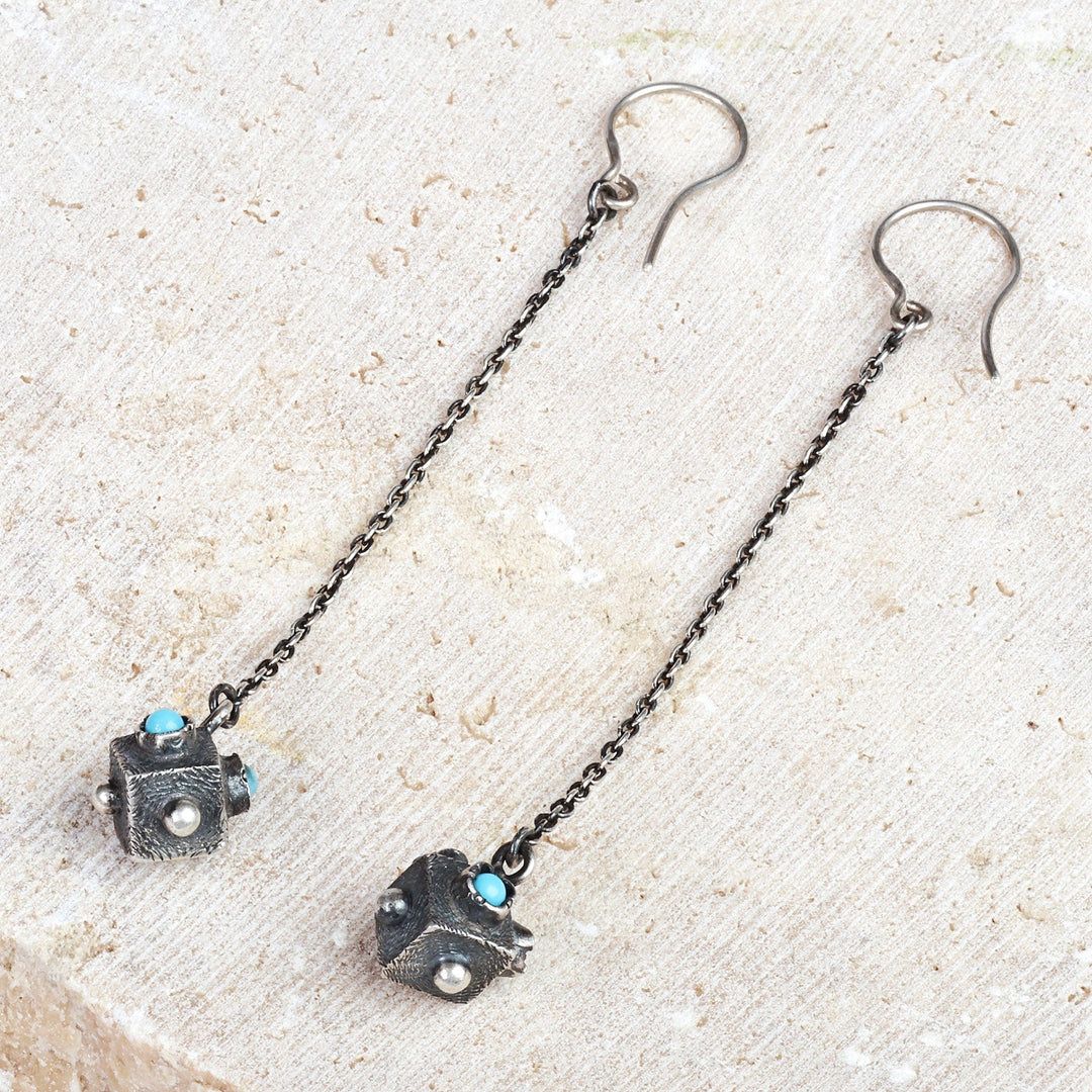 Modern Geometric Reconstituted Turquoise Dangle Earrings - Symmetry in a Box