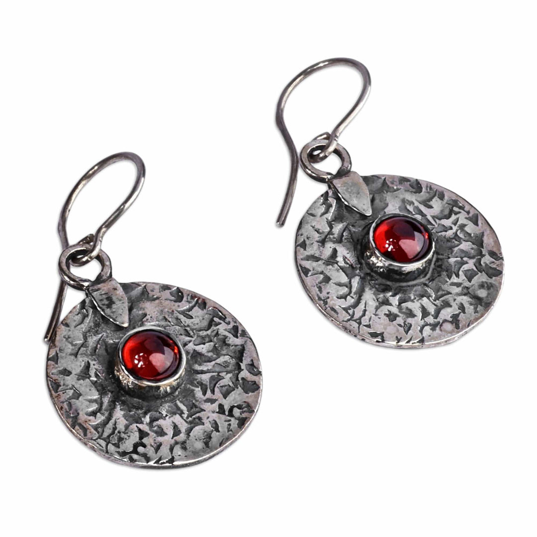 Oxidized Round Sterling Silver Garnet Dangle Earrings - Cycle of Passion