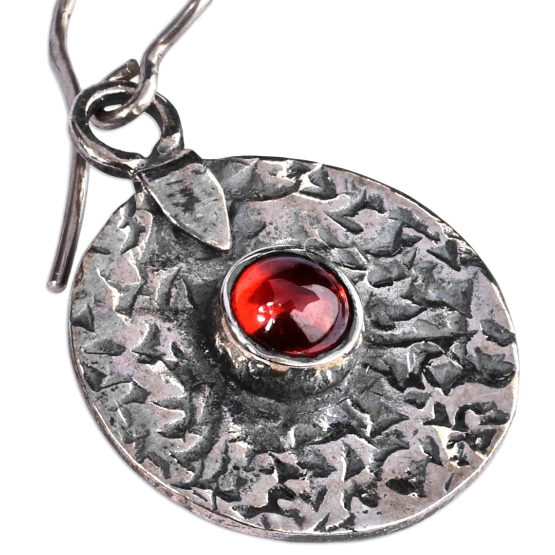 Oxidized Round Sterling Silver Garnet Dangle Earrings - Cycle of Passion