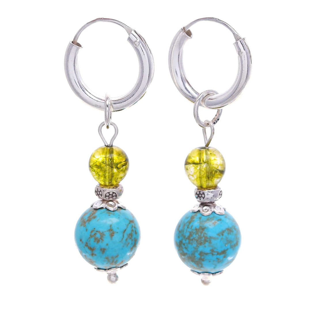 Silver Hoop Earrings with Reconstituted Turquoise & Quartz - Chic Duo