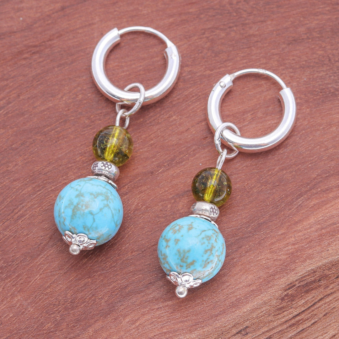 Silver Hoop Earrings with Reconstituted Turquoise & Quartz - Chic Duo
