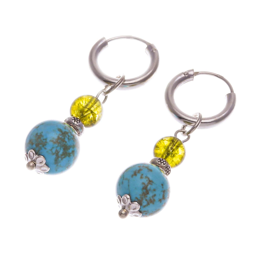 Silver Hoop Earrings with Reconstituted Turquoise & Quartz - Chic Duo