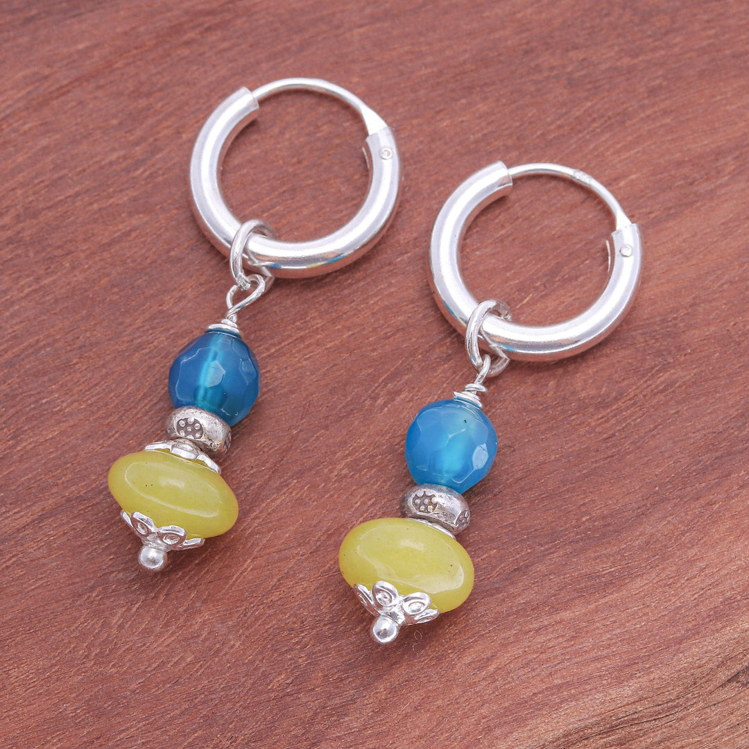 Sterling Silver Hoop Earrings with Agate & Chalcedony Stones - Fantastic Duo