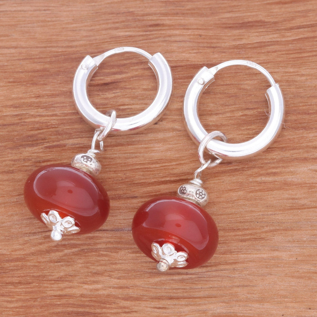 Polished Sterling Silver and Carnelian Hoop Dangle Earrings - Pure Fire