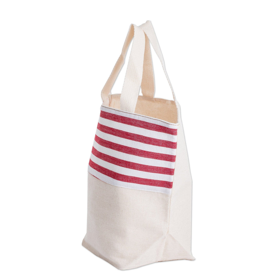 Hand-Woven Reversible Cotton Tote Bag with Red Stripes - Fire