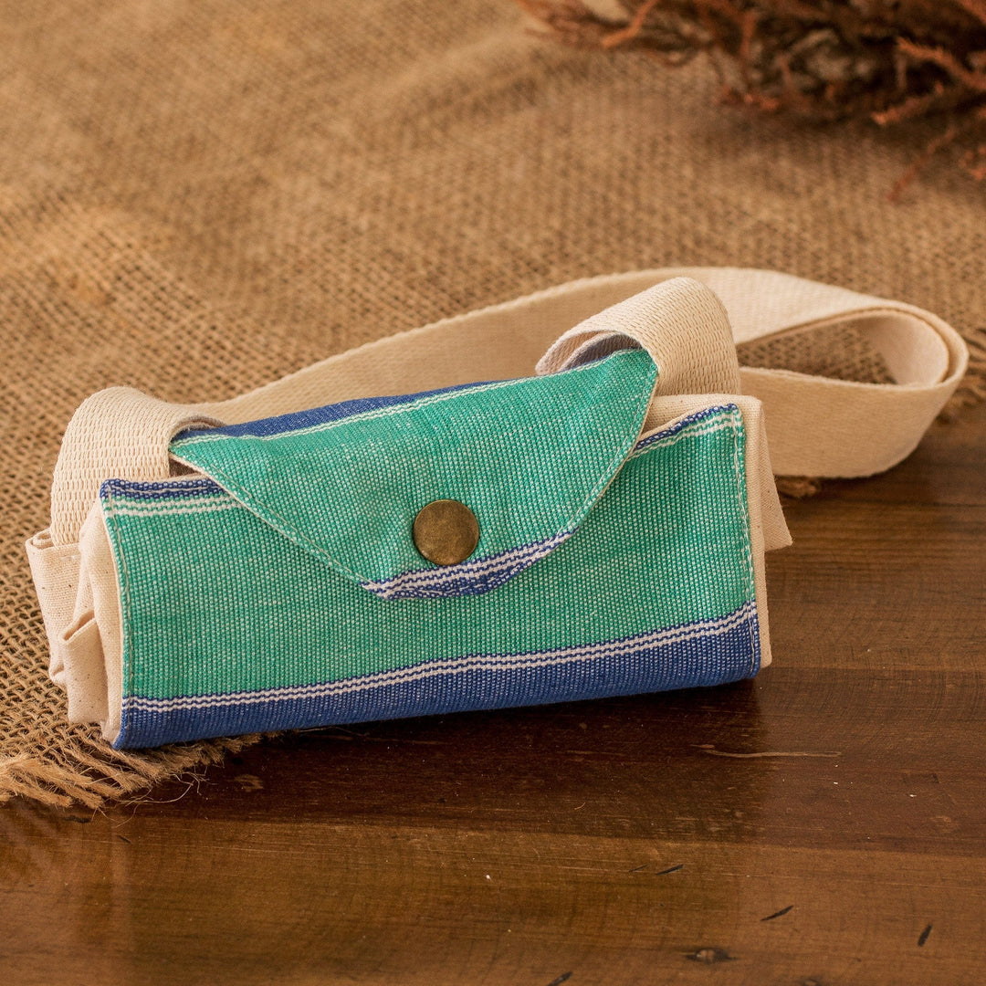 Striped Foldable Cotton Tote Bag in Ivory Aqua and Blue - Emerald