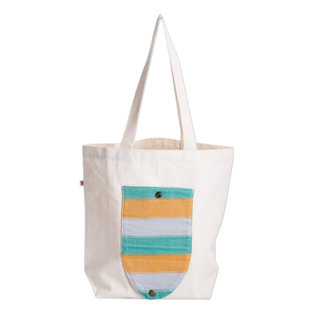 Guatemalan Hand-Woven Foldable Cotton Tote Bag with Stripes - Jade