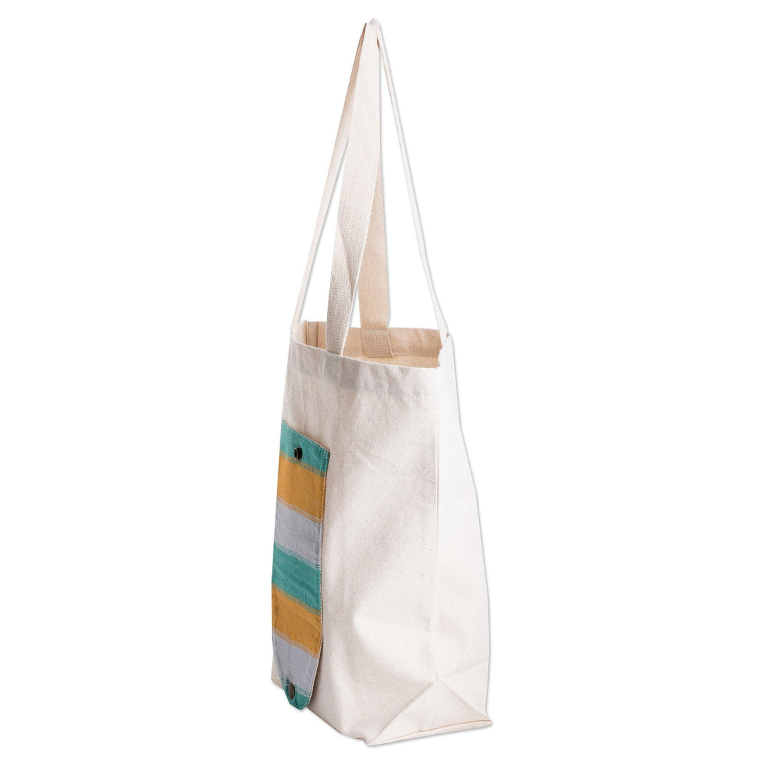 Guatemalan Hand-Woven Foldable Cotton Tote Bag with Stripes - Jade