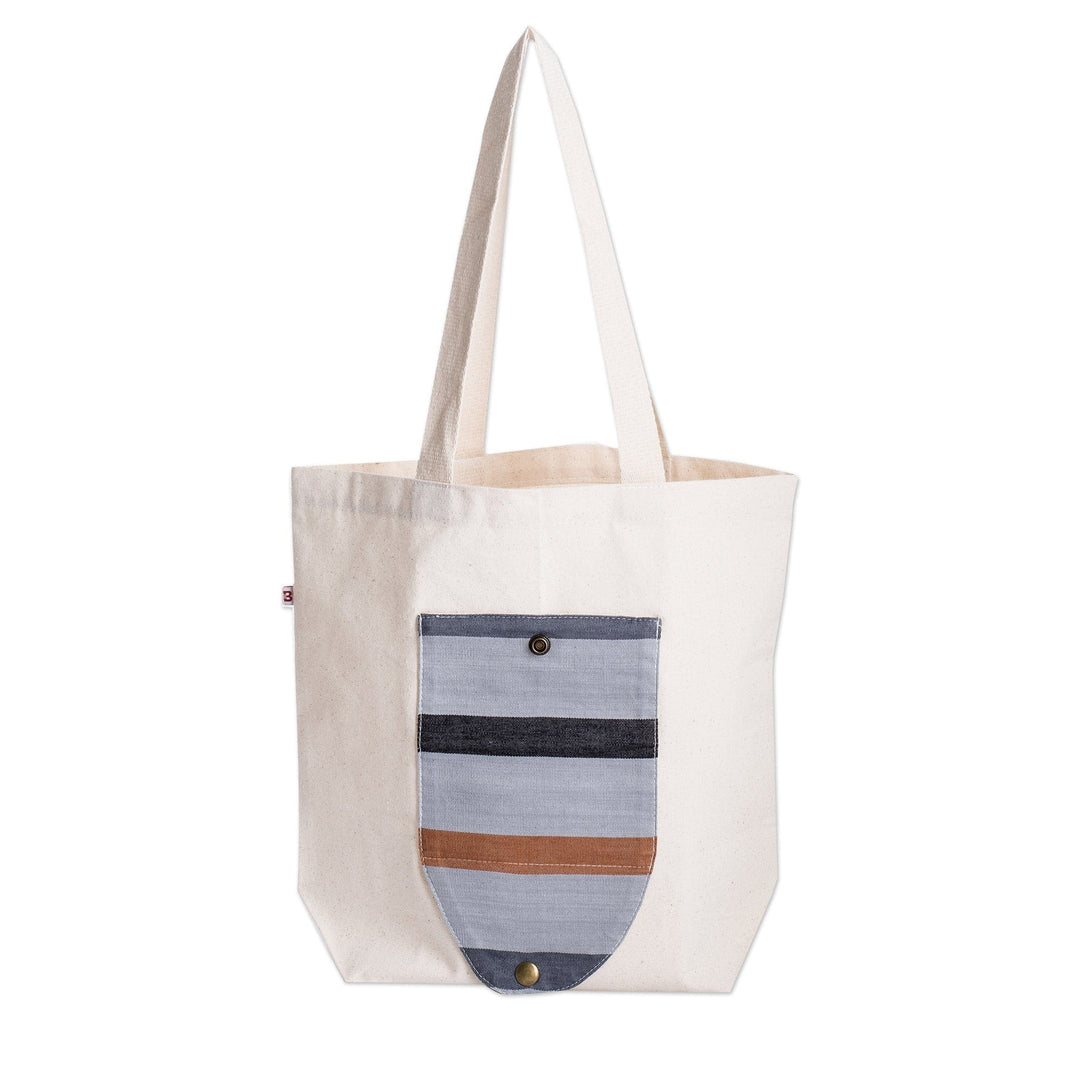 Striped Foldable Cotton Tote Bag with Bronze Button Closure - Earthy