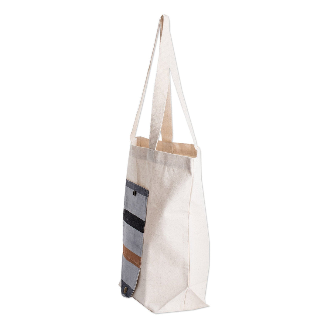 Striped Foldable Cotton Tote Bag with Bronze Button Closure - Earthy