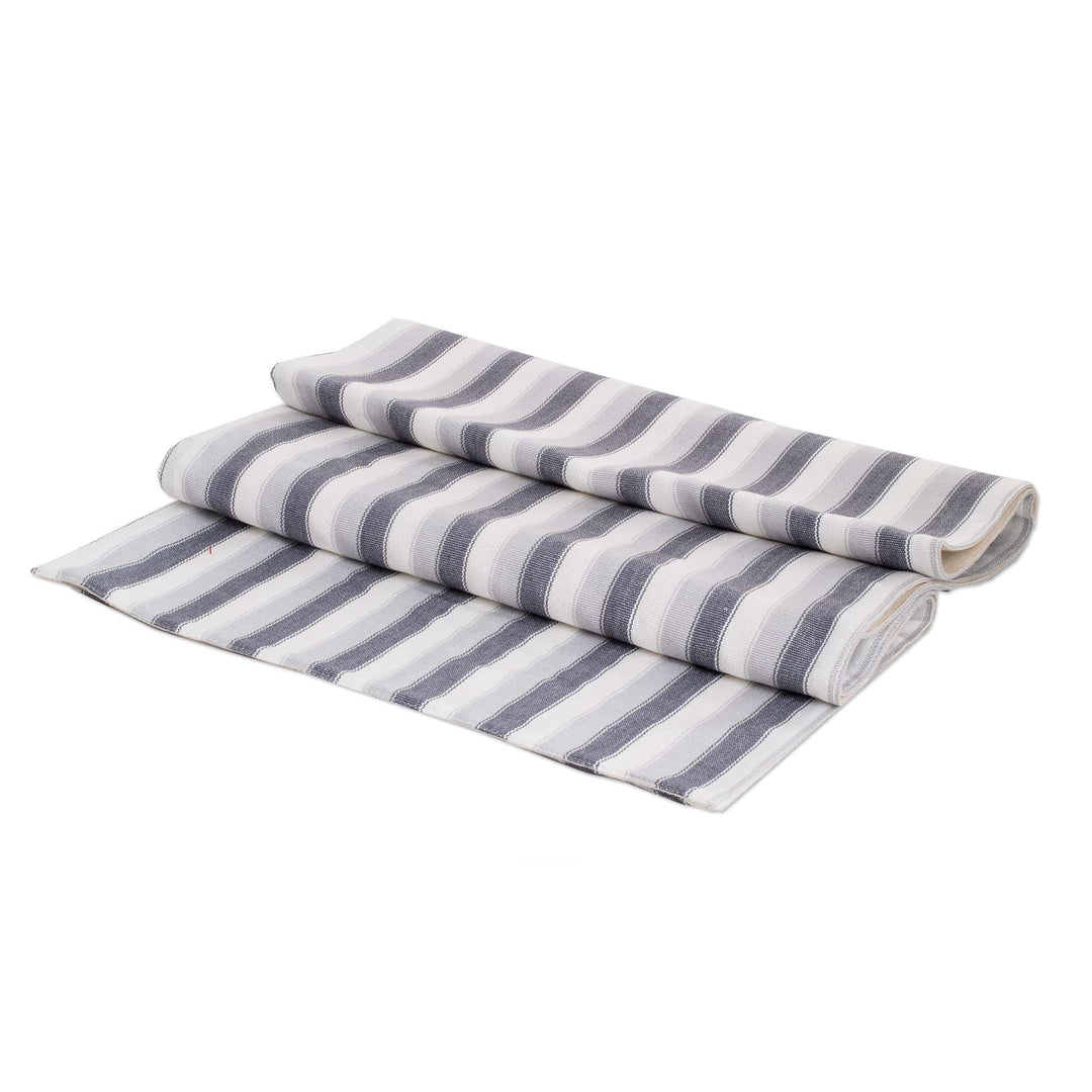 Hand-Woven Cotton Table Runner with Grey and White Stripes - Mist