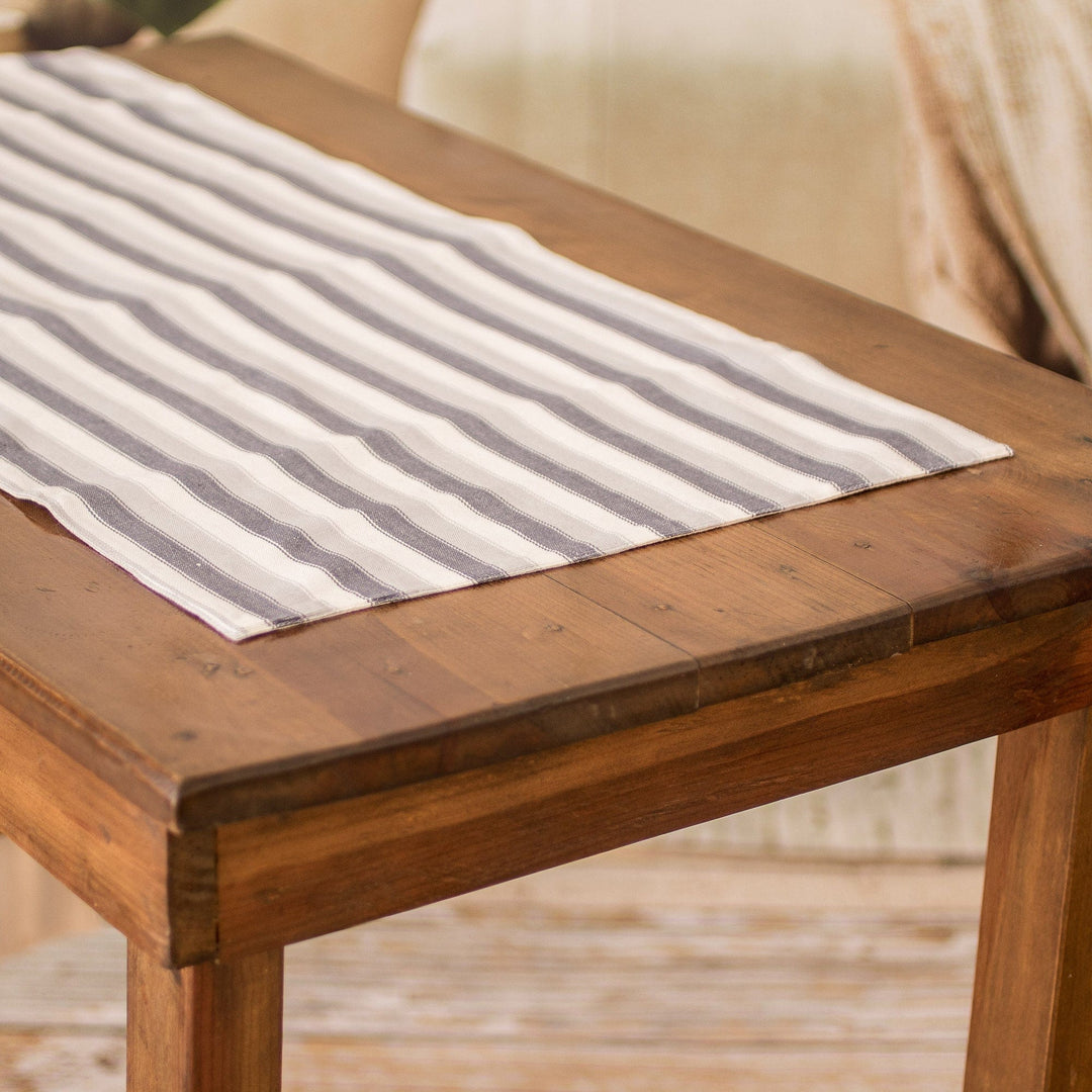 Hand-Woven Cotton Table Runner with Grey and White Stripes - Mist