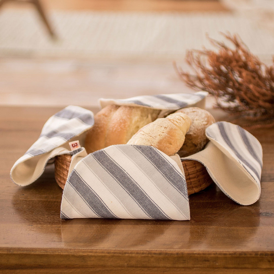 Grey and White Handwoven Striped Cotton Bread Basket Napkin - Mist