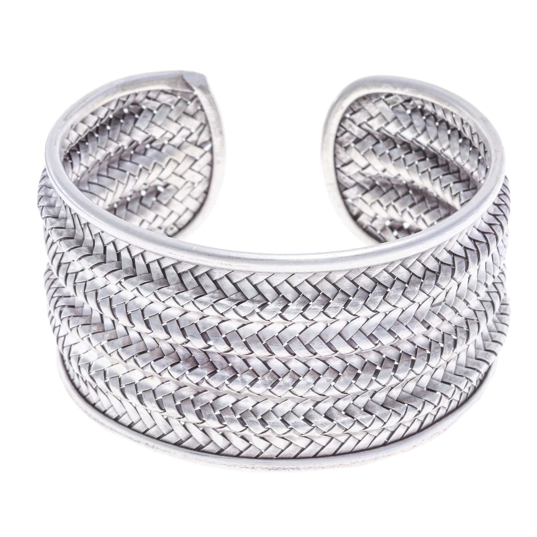 Silver Cuff Bracelet with Basketweave Pattern from Thailand - Mansion Memories