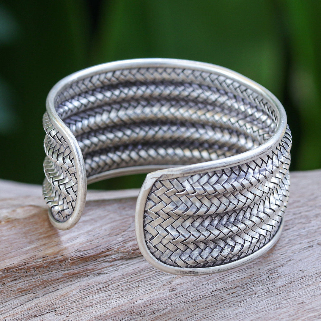 Silver Cuff Bracelet with Basketweave Pattern from Thailand - Mansion Memories