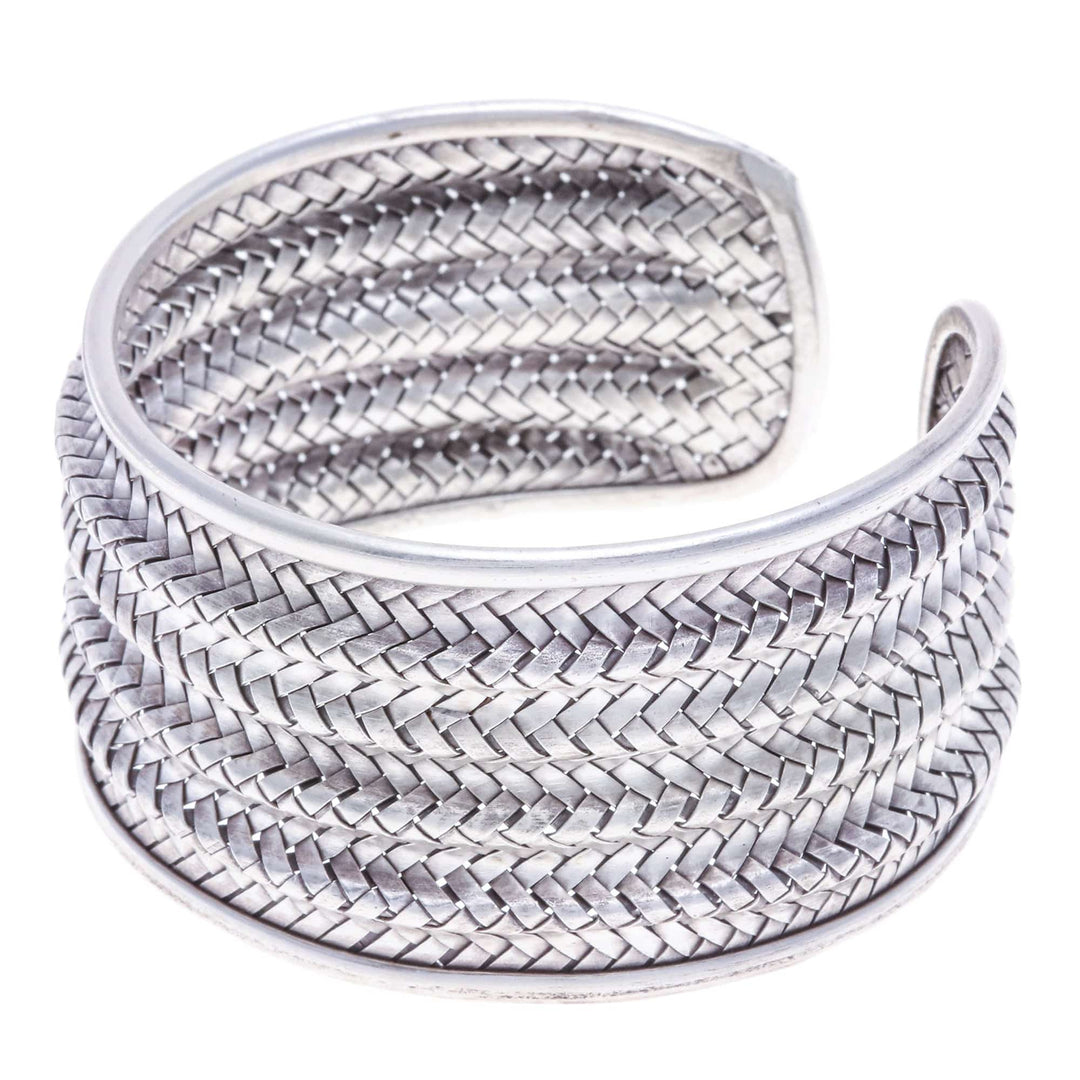 Silver Cuff Bracelet with Basketweave Pattern from Thailand - Mansion Memories