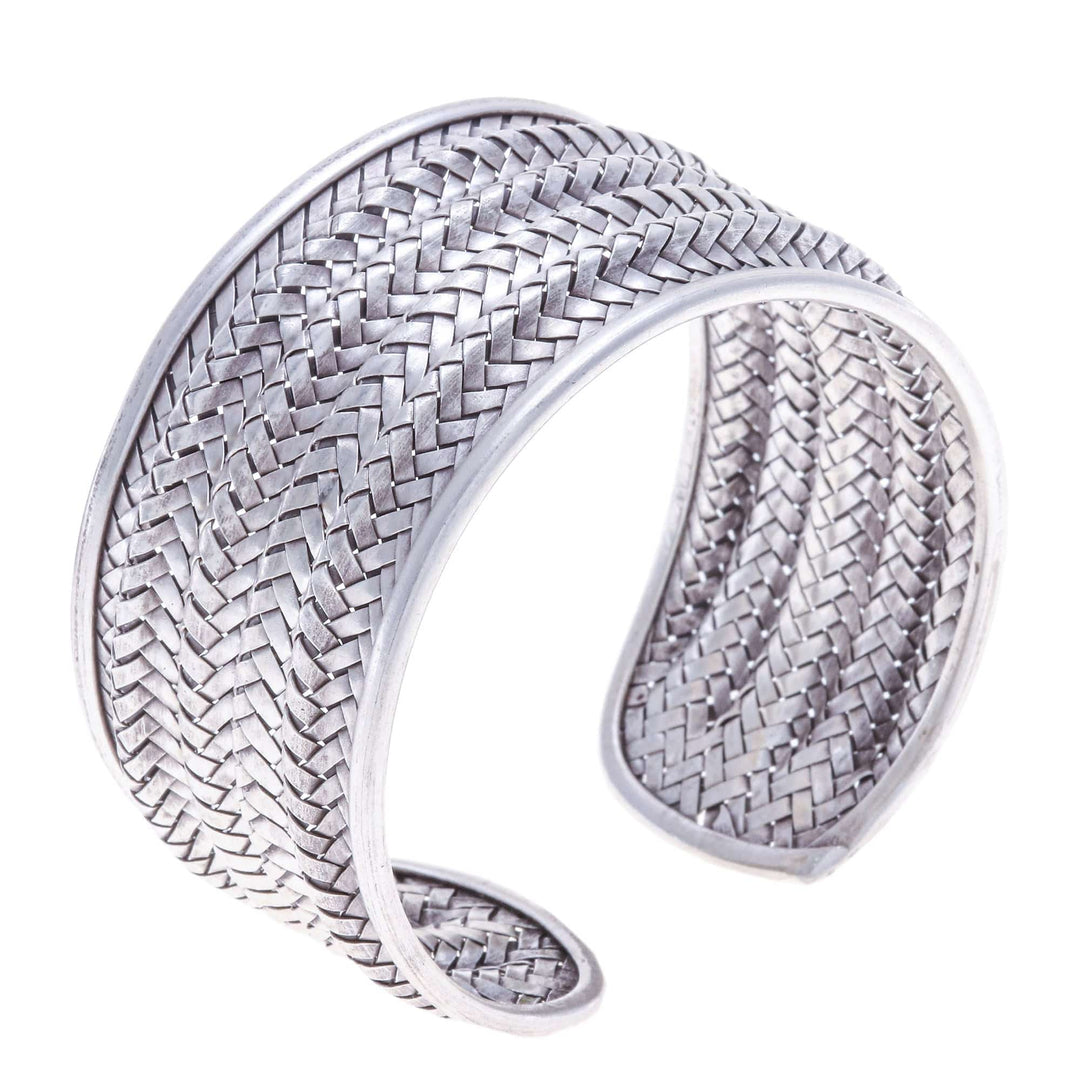 Silver Cuff Bracelet with Basketweave Pattern from Thailand - Mansion Memories