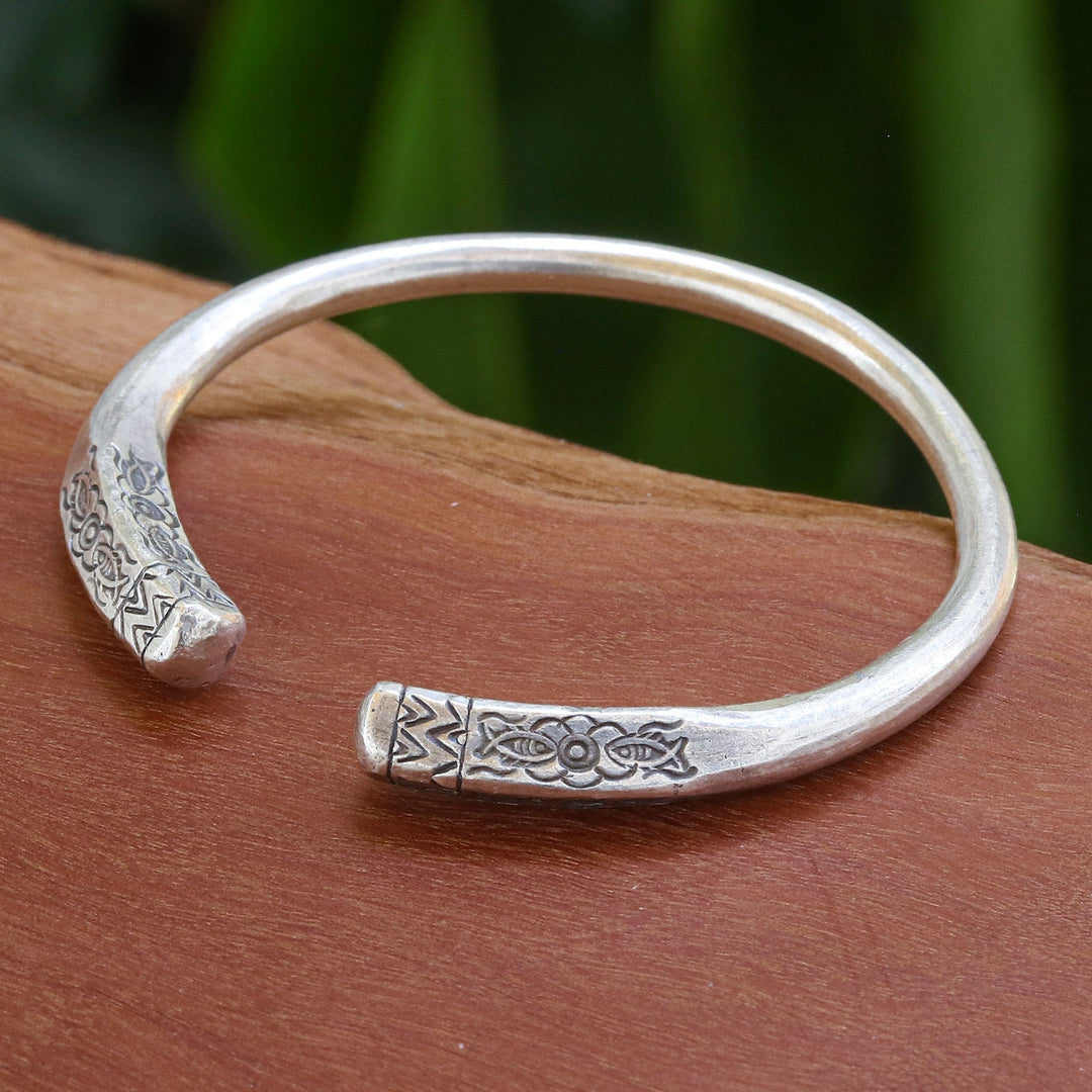 Polished Silver Cuff Bracelet with Hill Tribe Details - Legacy Halo