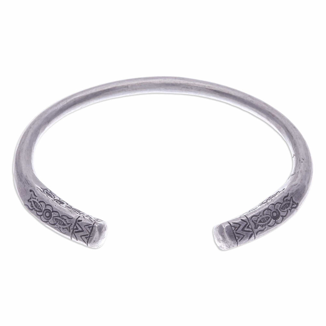 Polished Silver Cuff Bracelet with Hill Tribe Details - Legacy Halo