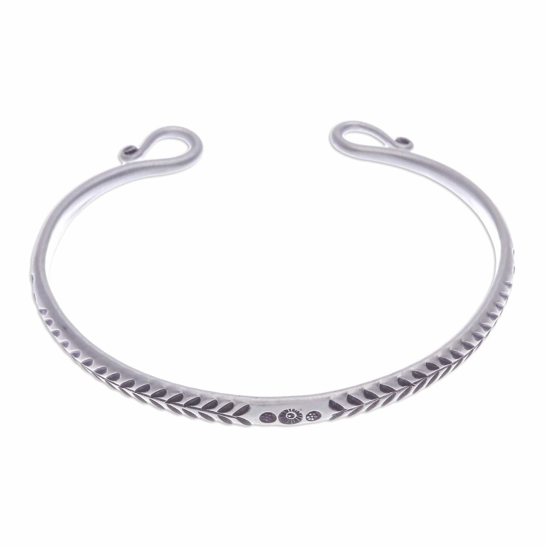 Polished Sterling Silver Cuff Bracelet with Hill Tribe Motif - Sophisticated Serenity