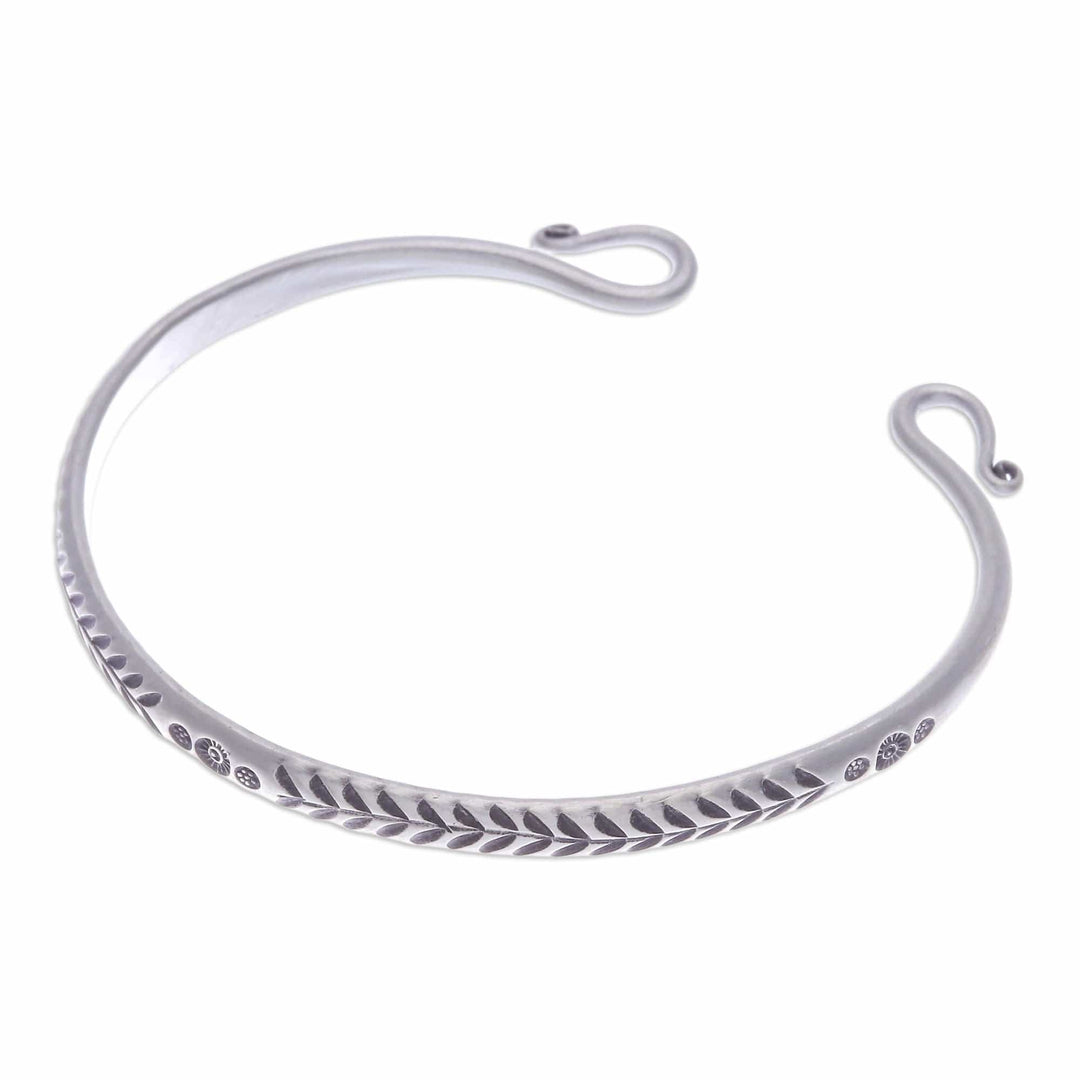Polished Sterling Silver Cuff Bracelet with Hill Tribe Motif - Sophisticated Serenity