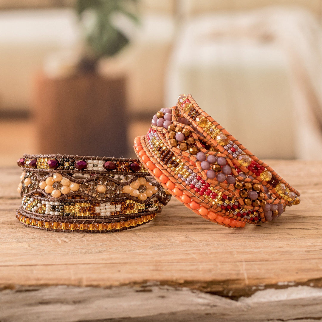 Two Handcrafted Beaded Positive Energy Long Wrap Bracelets - Protection and Abundance