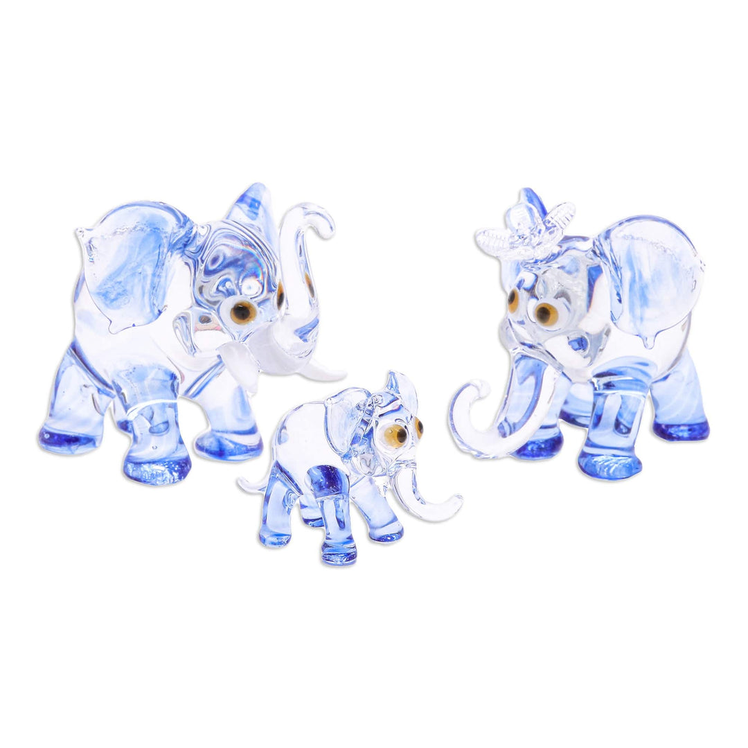 Set of 3 Handblown Elephant Family Glass Figurines in Blue - Giant Family in Blue