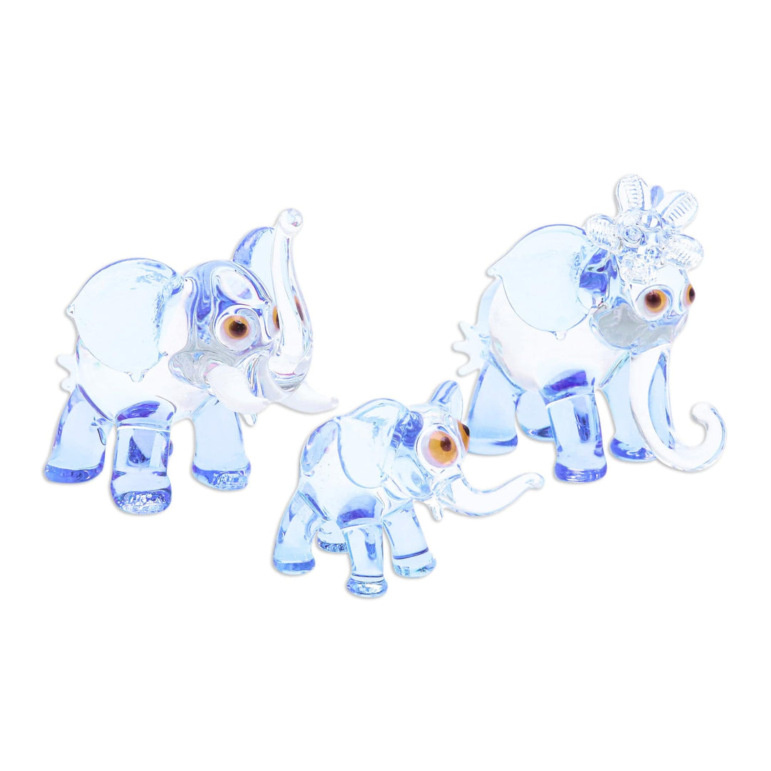 Set of 3 Handblown Elephant Family Glass Figurines in Blue - Giant Family in Blue