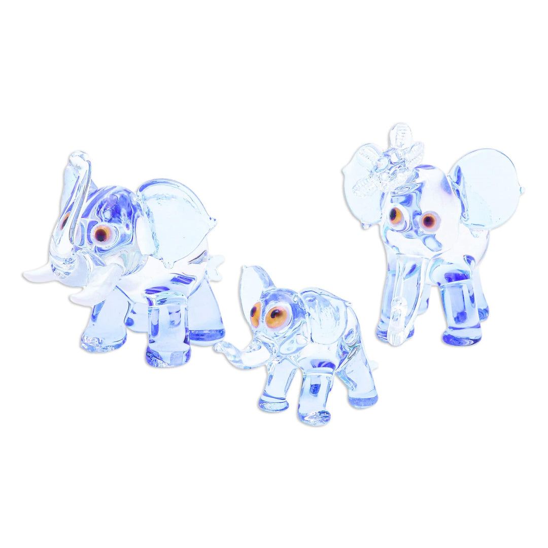 Set of 3 Handblown Elephant Family Glass Figurines in Blue - Giant Family in Blue