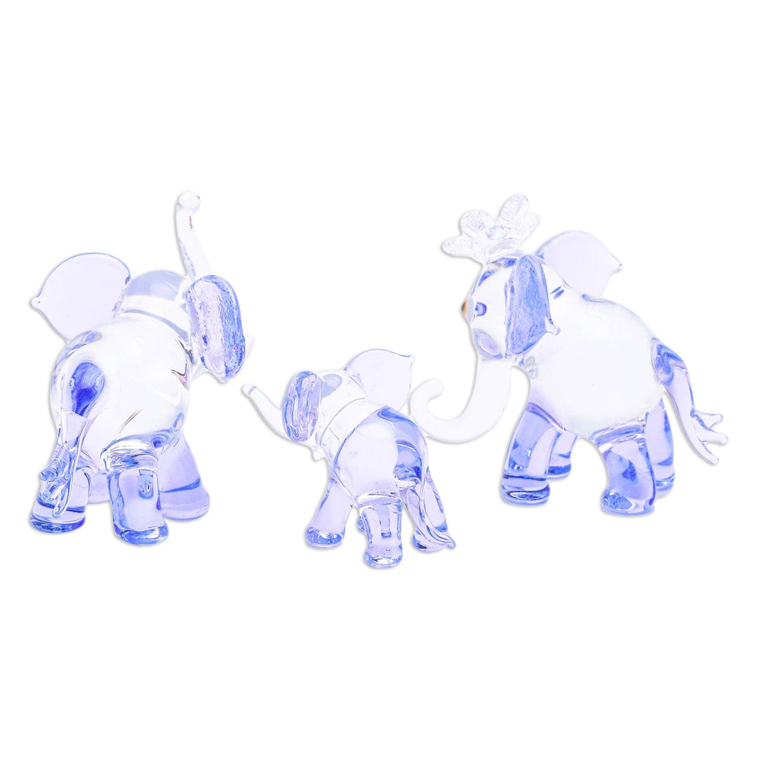 Set of 3 Handblown Elephant Family Glass Figurines in Blue - Giant Family in Blue