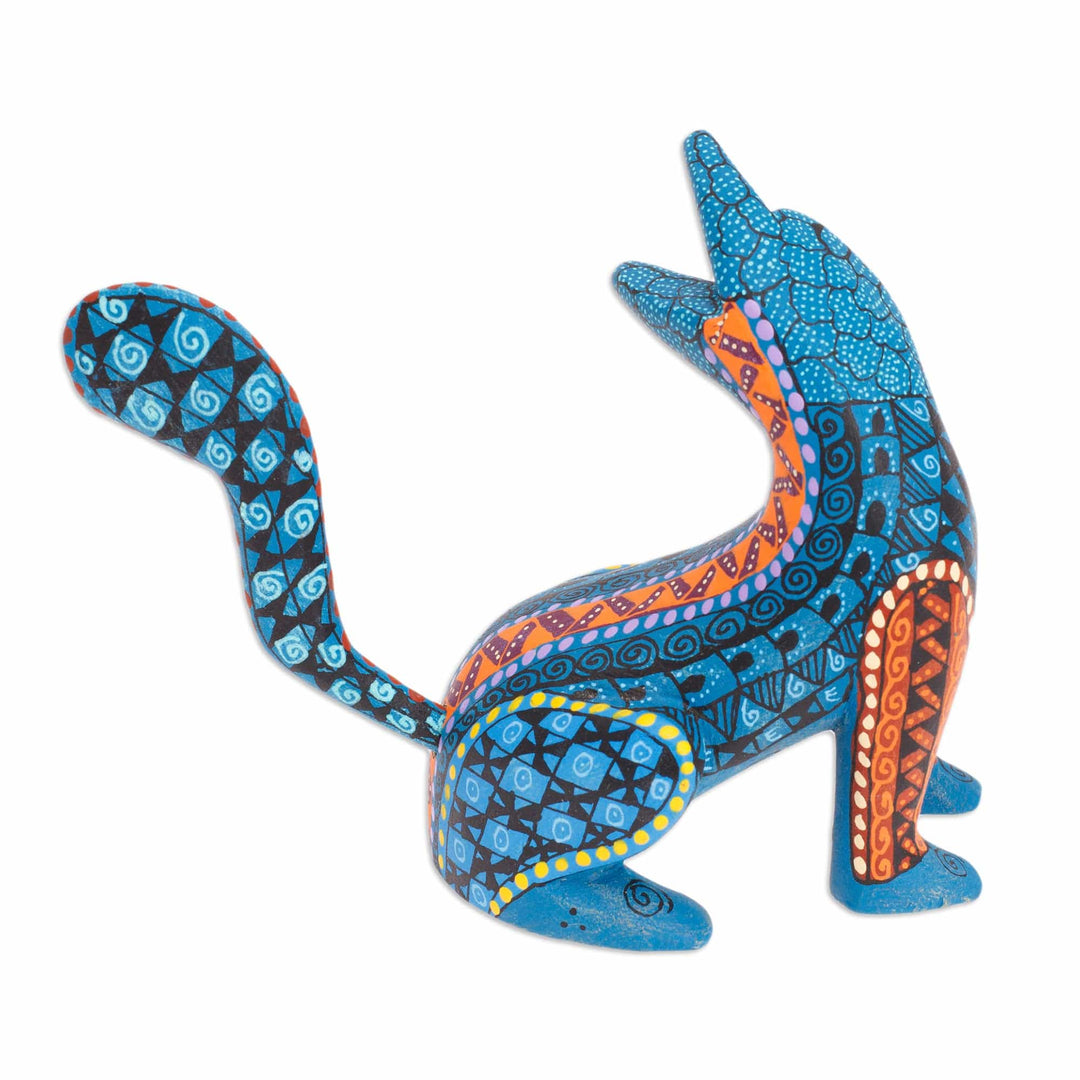 Wood Cat Alebrije Figurine in Teal Hand-Painted in Mexico - Curious Cat in Teal