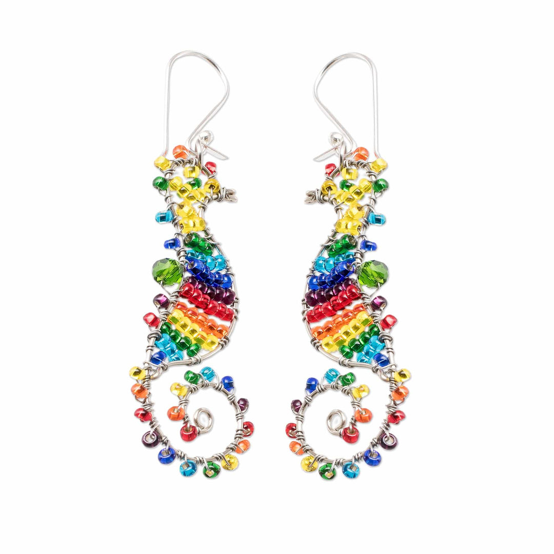 Rainbow Crystal and Glass Beaded Seahorse Dangle Earrings - The Rainbow Seahorse