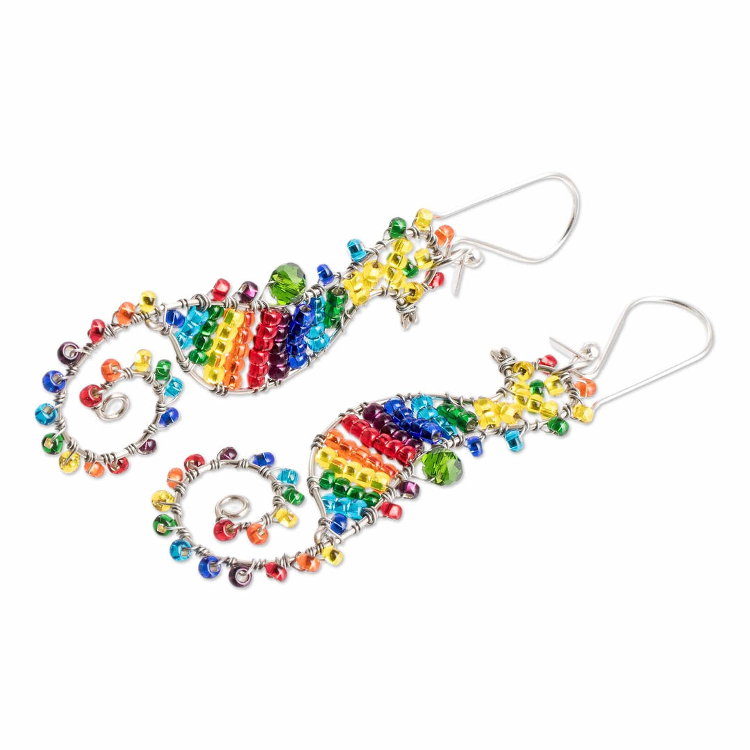 Rainbow Crystal and Glass Beaded Seahorse Dangle Earrings - The Rainbow Seahorse