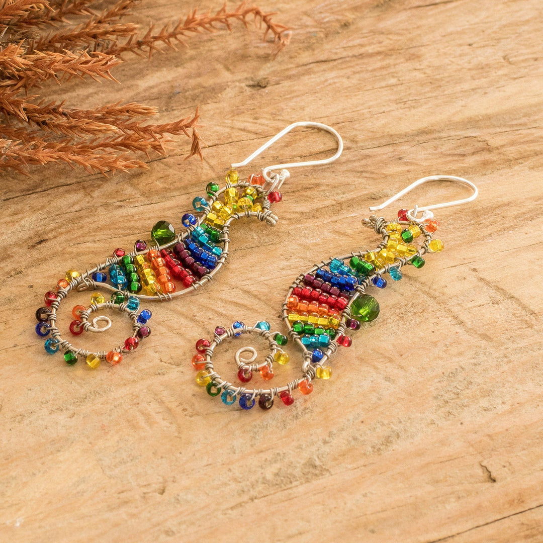 Rainbow Crystal and Glass Beaded Seahorse Dangle Earrings - The Rainbow Seahorse