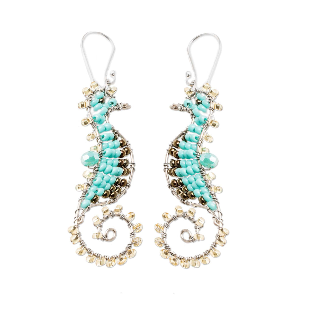 Turquoise Crystal and Glass Beaded Seahorse Dangle Earrings - The Turquoise Seahorse