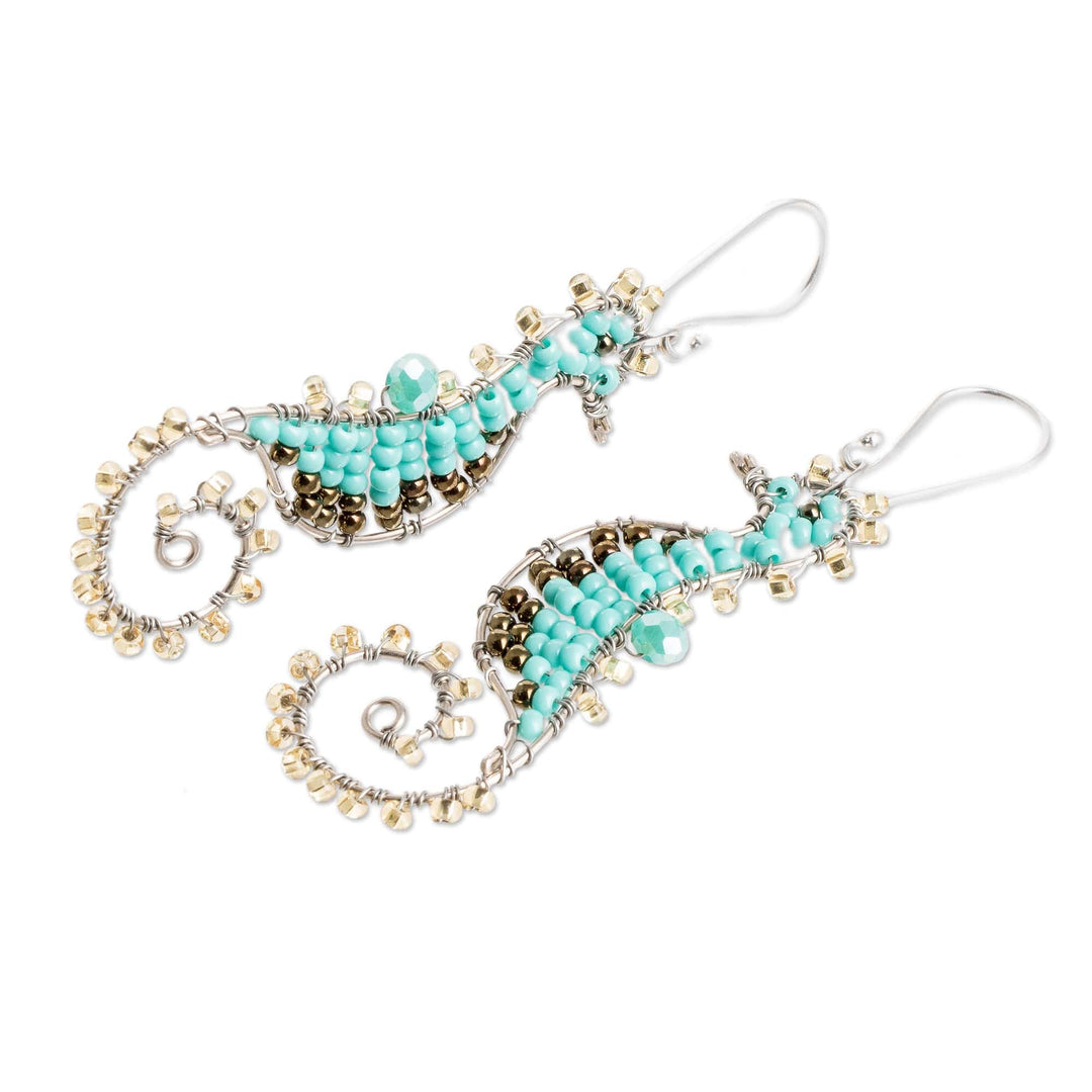 Turquoise Crystal and Glass Beaded Seahorse Dangle Earrings - The Turquoise Seahorse
