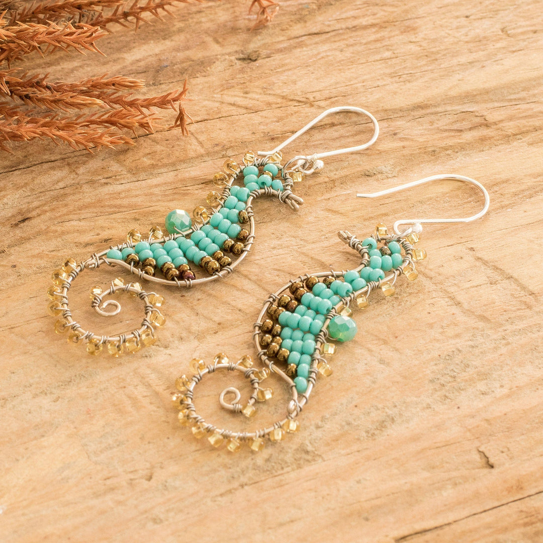 Turquoise Crystal and Glass Beaded Seahorse Dangle Earrings - The Turquoise Seahorse