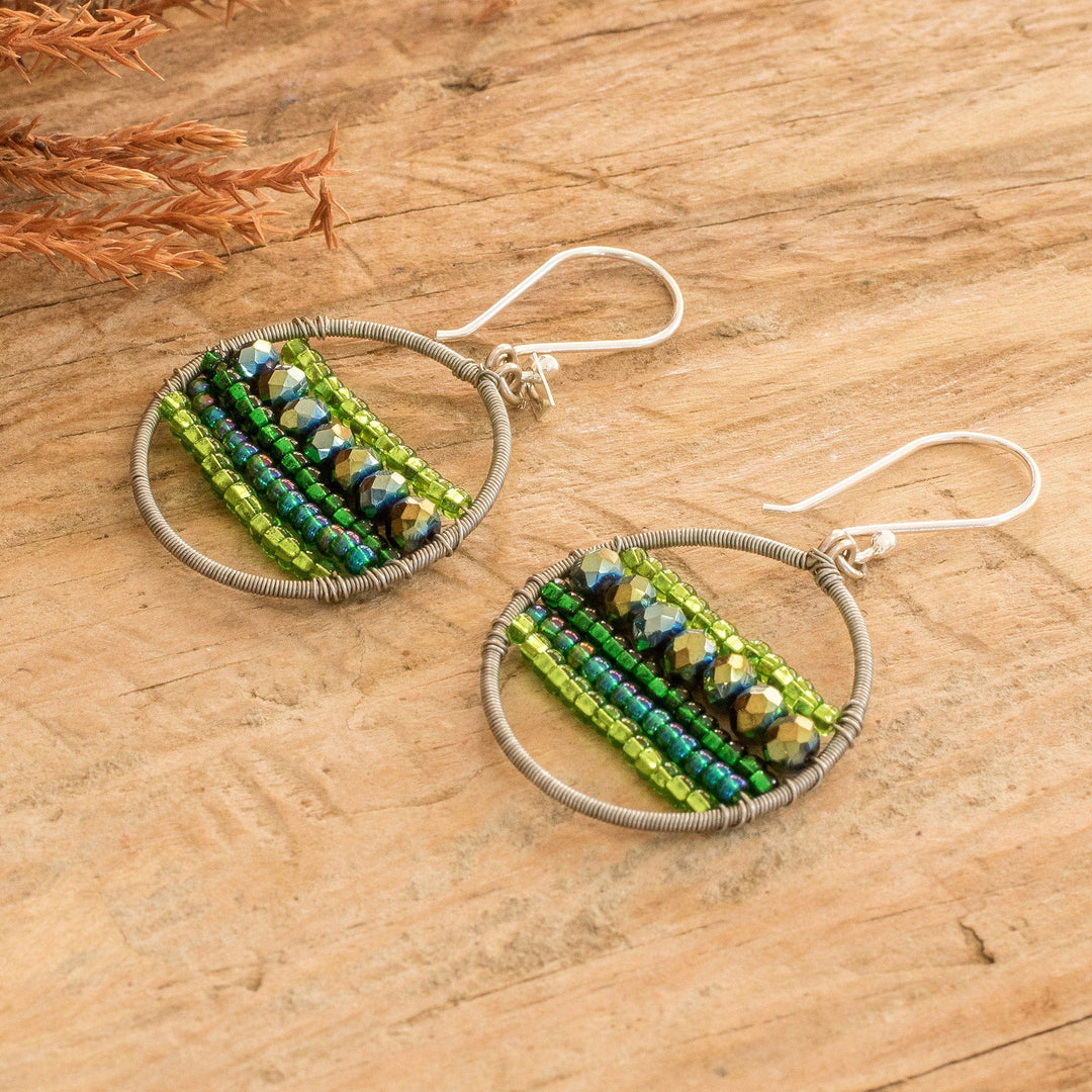 Green-Toned Round Crystal and Glass Beaded Dangle Earrings - Green Glints