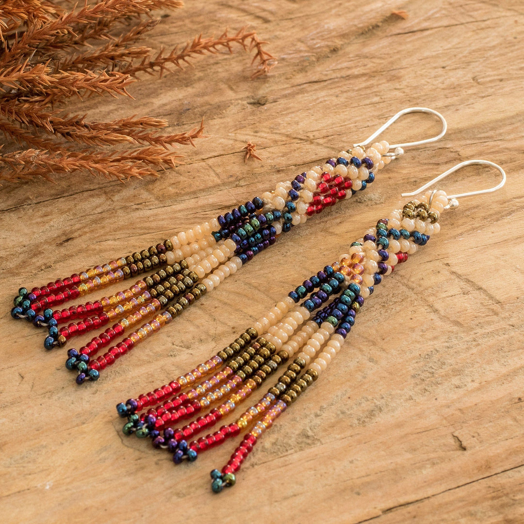 Beige and Blue Crystal and Glass Beaded Waterfall Earrings - Beige & Blue Waters