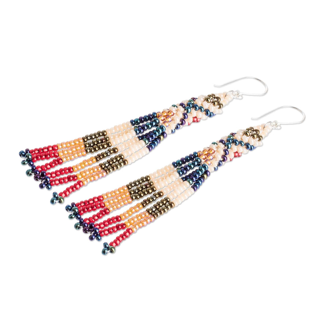 Beige and Blue Crystal and Glass Beaded Waterfall Earrings - Beige & Blue Waters
