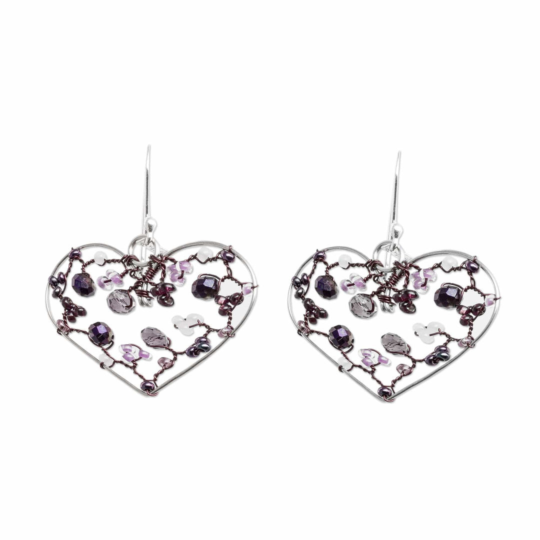 Heart-Shaped Purple Crystal and Glass Beaded Dangle Earrings - Lavender Feelings
